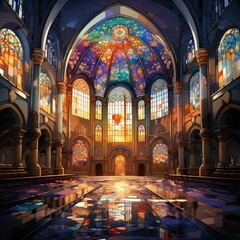 Fototapeta premium Stunning Interior of a Cathedral with Vibrant Stained Glass Windows