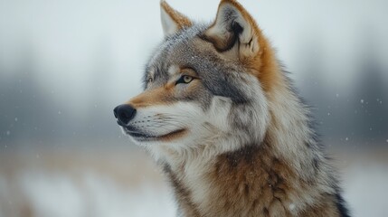 Obraz premium Majestic wolf in snowy winter landscape, looking to the side.