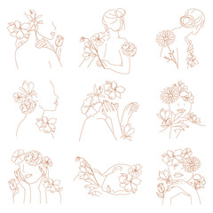 Women's beauty png portrait sticker, line art portraits set on transparent background