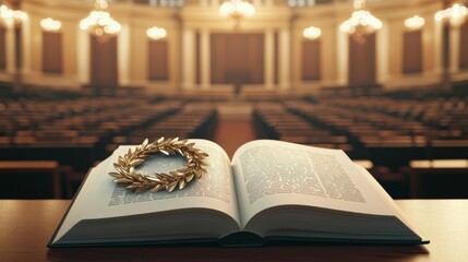 Fototapeta premium Academic Excellence and Achievement - Golden Laurel Wreath on Gilded Book in Grand Auditorium Setting