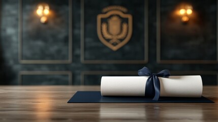 Elegant Diploma Scroll with Navy Blue Velvet Ribbon on Antique Wooden Table Against University Crest Stone Wall Background, Photorealistic Close-Up