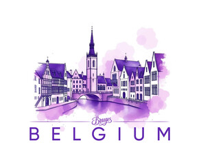 Obraz premium Bruges, Belgium, in Deep ultraviolet hues, high contrast watercolor style, perfect for merchandise print