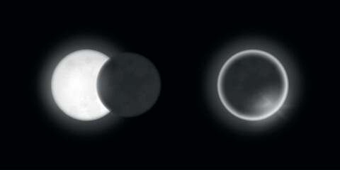 Realistic cycles of the eclipse of the moon. Vector on a black background.
