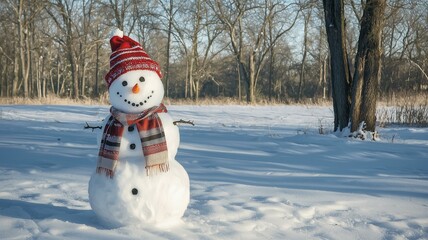 Obraz premium Snowman with a festive New Year’s scarf and hat in a snowy field with trees in the background 