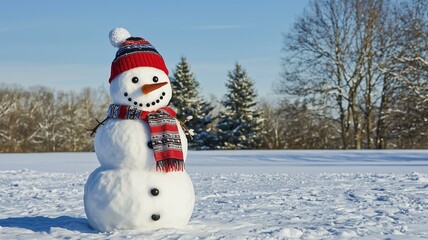 Obraz premium Snowman with a festive New Year’s scarf and hat in a snowy field with trees in the background 