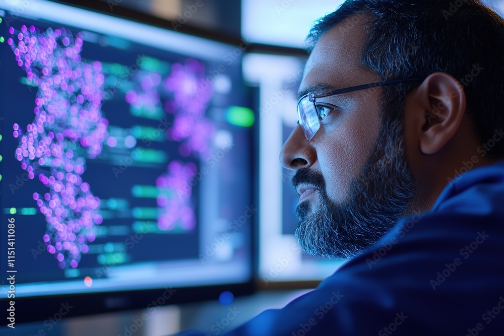 Aufkleber man analyzing dna data on multiple computer screens