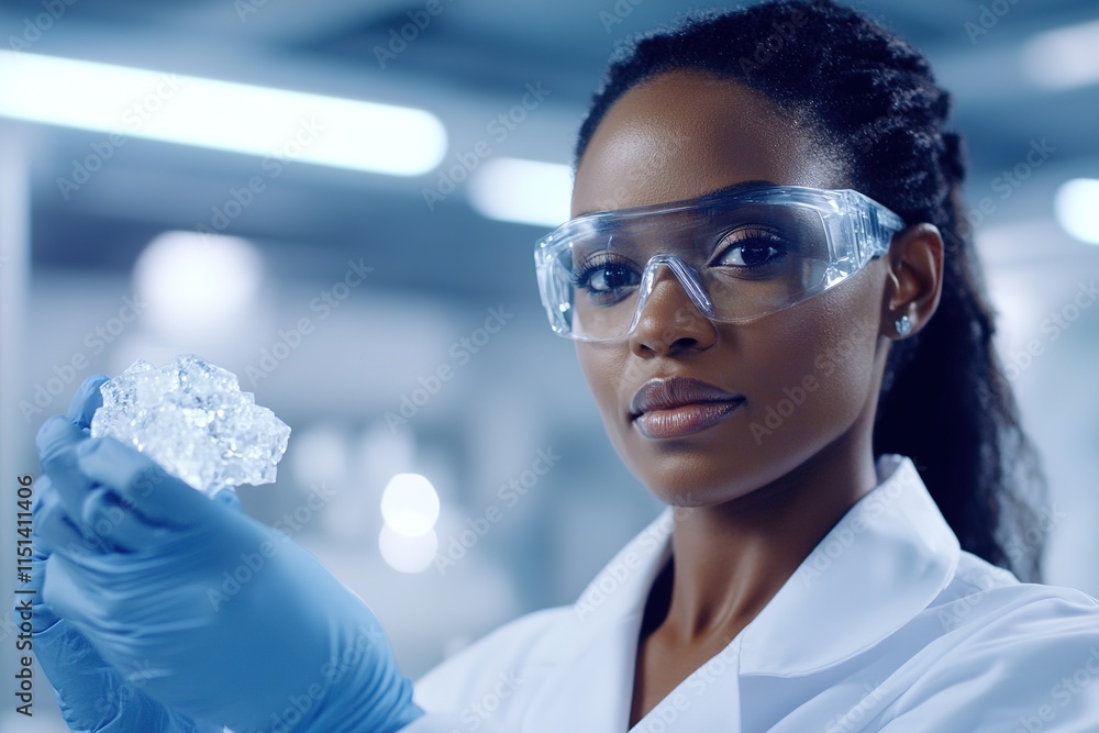 Poster focused scientist examining crystal structure in lab
