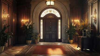 Obraz premium Grand Mansion Entrance: Opulent Foyer with Dark Wood and Elegant Decor