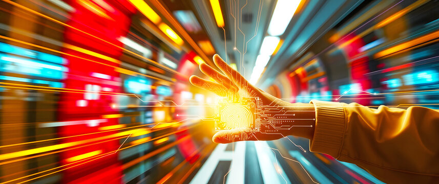 Workflows and processes thrive on blockchain, cloud, and secure networks, driving efficiency and cybersecurity in the digital era. Futuristic Hand with Biometric Technology in Digital Environment