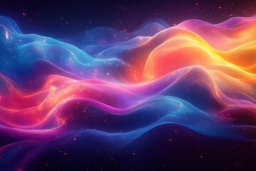 iridescent waves of neon colors twist and swirl in dynamic motion, creating a mesmerizing, fluid abstract design. the gradient hues blend seamlessly, evoking a sense of depth and vibrancy