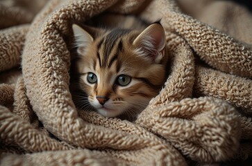White and orange tabby cat on the bed and floor with cute eyes and fur
