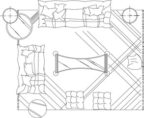vector sketch, silhouette illustration, interior design drawing, family room layout plan seen from above.eps