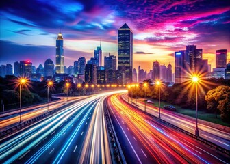Fototapeta premium Night Cityscape Blurred Lights Traffic Background Banner, Abstract Urban Night Photography, City at Night, Motion Blur, Night Traffic, Urban Landscape