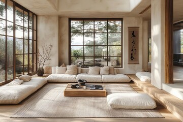 japandi-inspired living room featuring a harmonious blend of plaster and wood. sunlight streams through large windows, illuminating minimalist decor with soft neutrals and natural textures