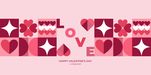 Valentine's Day poster in a modern geometric style. Trendy minimalist design with simple shapes. Perfect for banners, invitations, cards, covers.