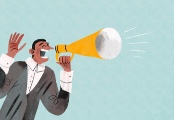 Illustration of a man in a suit holding a loudspeaker making an announcement