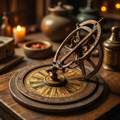 Antique astronomical instrument on wooden table with candlelight in a mystic environment