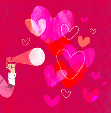 Naklejki Hand holding loudspeaker with hearts flying out, symbolizing love and announcements for Valentine's Day.