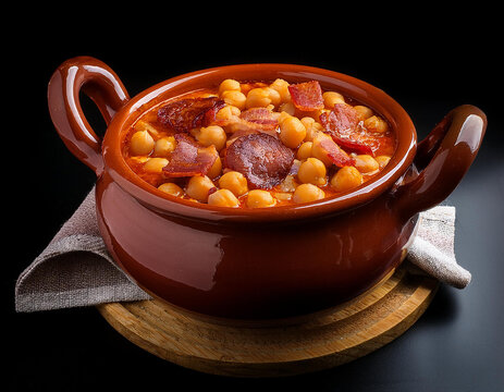 Un puchero de barro sobre una mesa de cocina con un delicioso guiso de garbanzos o cocido madrile&ntilde;o 