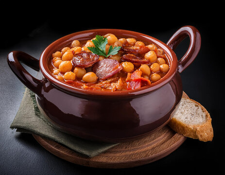 Un puchero de barro sobre una mesa de cocina con un delicioso guiso de garbanzos o cocido madrile&ntilde;o 