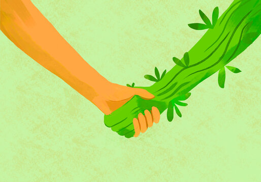 Illustration of a handshake symbolizing cooperation between a green robot and a human