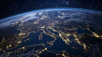 Obraz premium Detailed satellite view of Europe at night, illuminated by city lights, with a starry sky and glowing horizon. .