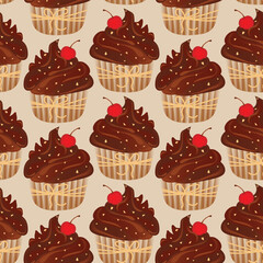Seamless pattern for kitchen decor and more. Delicious chocolate cupcake with whipped cream and cherry. Vector cartoon illustration of sweet food.