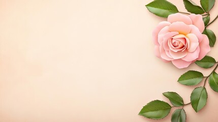 Fototapeta premium Pastel rose idea. A beautiful pink rose with lush green leaves on a soft beige background.