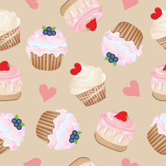 Seamless pattern for kitchen decor and more. Delicious cupcake with whipped cream and blueberry, strawberry, heart. Vector cartoon illustration of sweet food.
