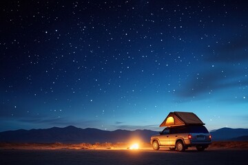Car with rooftop tent under starry night sky
