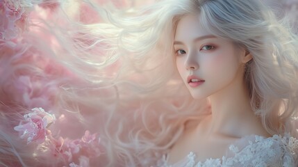 Blond Woman Pink Flowers Dreamy Hair Soft Lighting Romantic Style