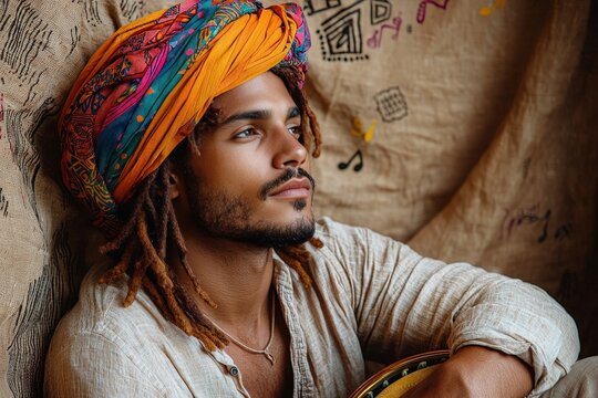 Contemplative man in colorful turban with hand-drum leaning against tapestry