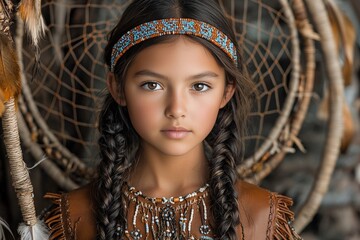 Young girl with braids and dreamcatcher, bohemian style portrait