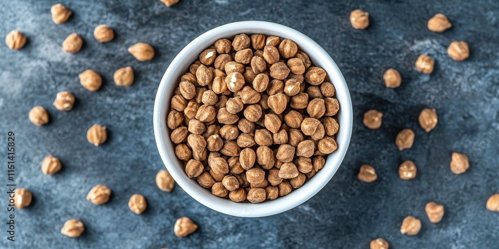 Poster top view of a white bowl filled with tiger nuts on a clean surface, surrounded by additional tiger n
