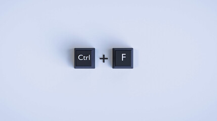 3D Black Keyboard Keys with 'Ctrl + F' Text on White Background, Digital and Tech Concept for Productivity