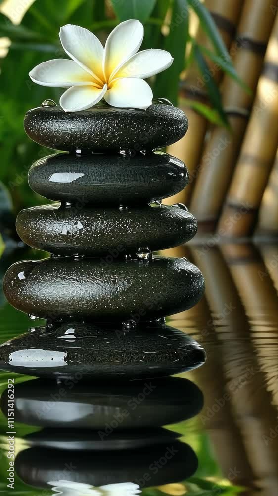 Poster tranquil stack of smooth stones with a single flower resting on top in a serene setting