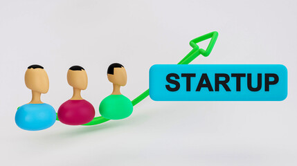 3D Low Poly Character Design with Startup Text and Upward Arrow on White Background for Creative Business Visuals