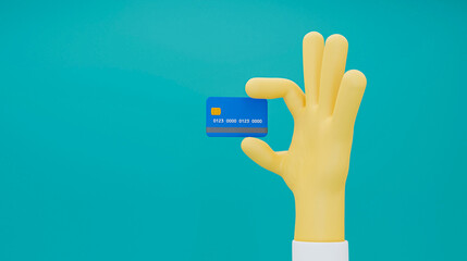 3D Low Poly Hand Holding an ATM Card, Positioned Upward on a Blue Background, Representing Financial Transactions