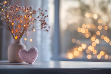 Flower in vase with glittering lights and white shape ornament on a table with lights bokeh in the background.