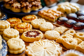 An Assortment of Traditional Chinese New Year Pastries. Close-up of a table setting featuring a variety of Chinese New Year delicacies.
