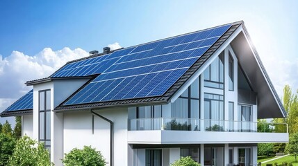 Renewable energy concept. Modern residential cottage with solar panels on the roof