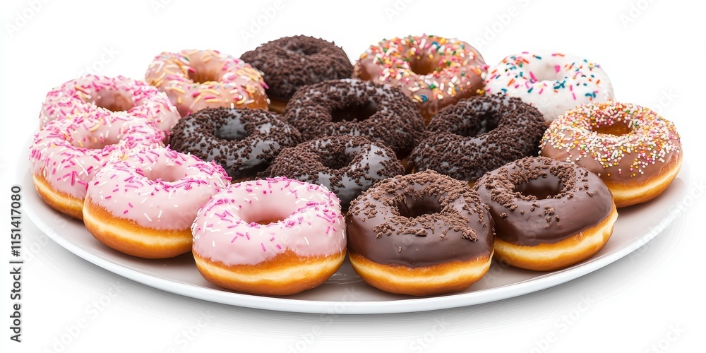 Poster doughnuts arranged on a plate against an isolated white background create a visually appealing displ