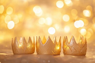 Three royal crowns on golden bokeh background. Happy Epiphany day.