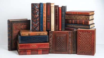Vintage Leather-Bound Books Collection Displayed on White Background for Antique and Literary Enthusiasts