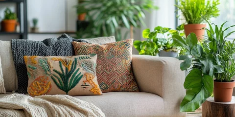 Photo sur Plexiglas Cozy boho ethnic interior in a living room featuring pillows, cushions, and vibrant green plants in flower pots, enhancing the comfort of the couch or sofa, and overall home decoration.