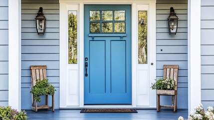 A front entrance of a home with a blue door