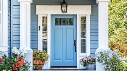 A front entrance of a home with a blue door