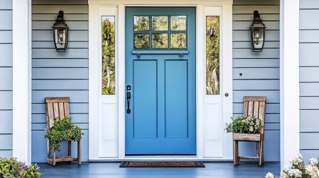 A front entrance of a home with a blue door