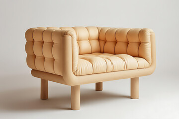 Beige Leather Armchair with Wooden Legs - Modern Design