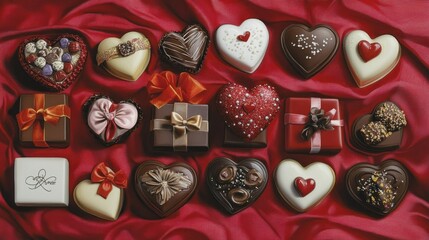 Valentine's Day - A heart-shaped box filled with chocolates and wrapped in red velvet, surrounded by other gift boxes tied with ribbons on the table.